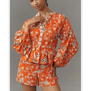 Farm Rio Red Orange Floral Romper NWT